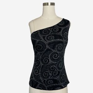 Vintage Y2K Onyx Nite black one shoulder asymmetric stretchy top glitter swirl M